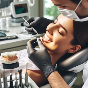 Dentist applying porcelain veneer on a patient's tooth in a Denver dental office