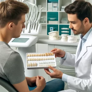 A dentist showing different types of dental veneers to a patient in a modern dental office, with samples of porcelain and composite resin veneers on a tray.